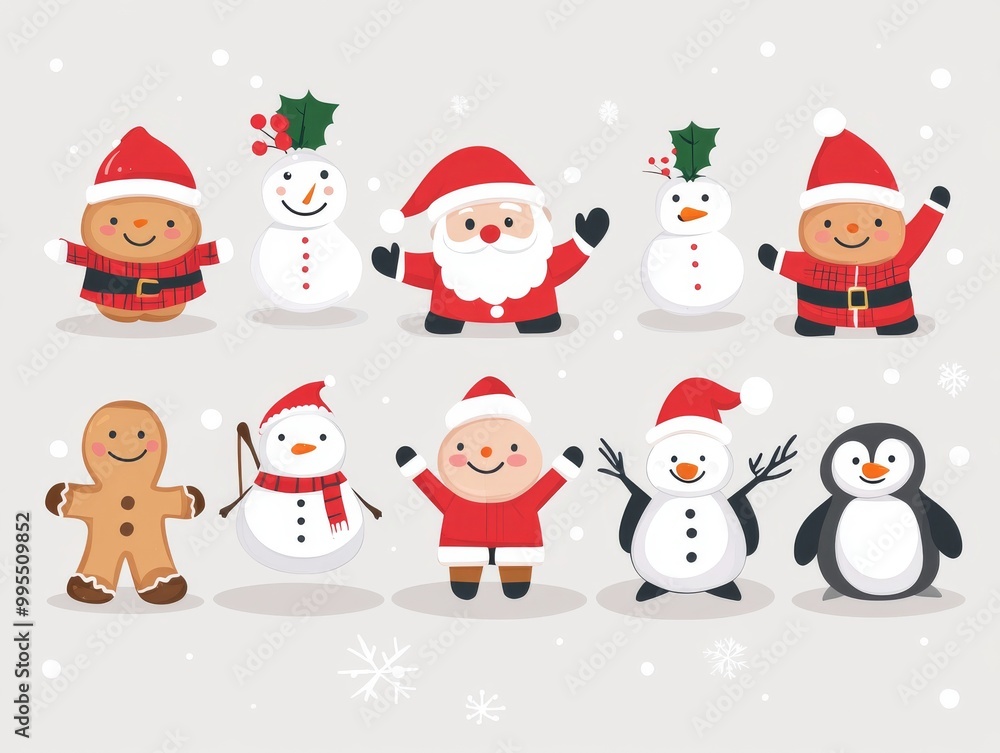 2408 29.A vector illustration of Christmas characters, including a cheerful Santa Claus, a gingerbread man with a smile, a snowman holding a broom, a reindeer with a red nose, a penguin waving, and a 2408 29.A vector illustration of Christmas characters, including a cheerful Santa Claus, a gingerbread man with a smile, a snowman holding a broom, a reindeer with a red nose, a penguin waving, and a
