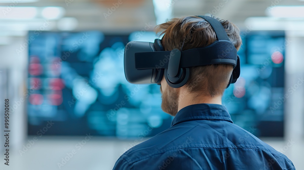Man Wearing VR Headset in Modern Office Futuristic Technology Concept Man Wearing VR Headset in Modern Office Futuristic Technology Concept