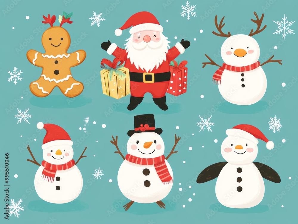 2408 30.A festive vector set showcasing a collection of Christmas characters, with Santa Claus carrying a sack of presents, a gingerbread man with a big smile, a snowman adorned with buttons, a 2408 30.A festive vector set showcasing a collection of Christmas characters, with Santa Claus carrying a sack of presents, a gingerbread man with a big smile, a snowman adorned with buttons, a
