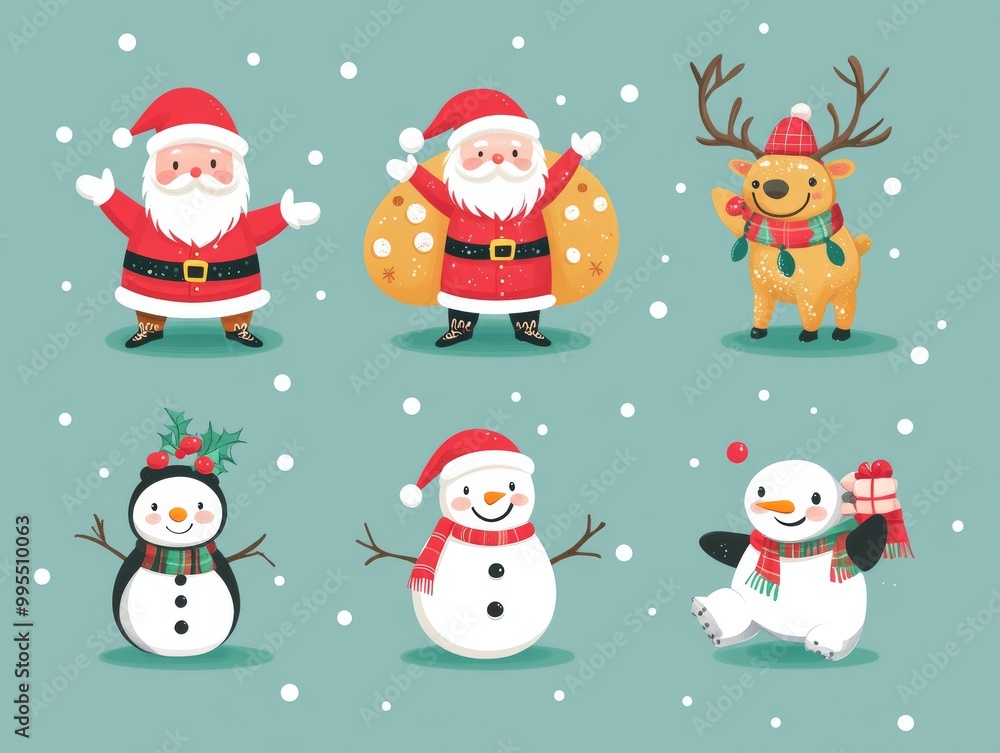 2408 30.A festive vector set showcasing a collection of Christmas characters, with Santa Claus carrying a sack of presents, a gingerbread man with a big smile, a snowman adorned with buttons, a 2408 30.A festive vector set showcasing a collection of Christmas characters, with Santa Claus carrying a sack of presents, a gingerbread man with a big smile, a snowman adorned with buttons, a