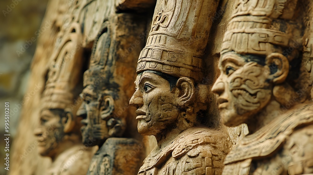 Detailed view of an intricately carved temple relief showcasing warriors adorned in elaborate headdresses and ceremonial attire Detailed view of an intricately carved temple relief showcasing warriors adorned in elaborate headdresses and ceremonial attire