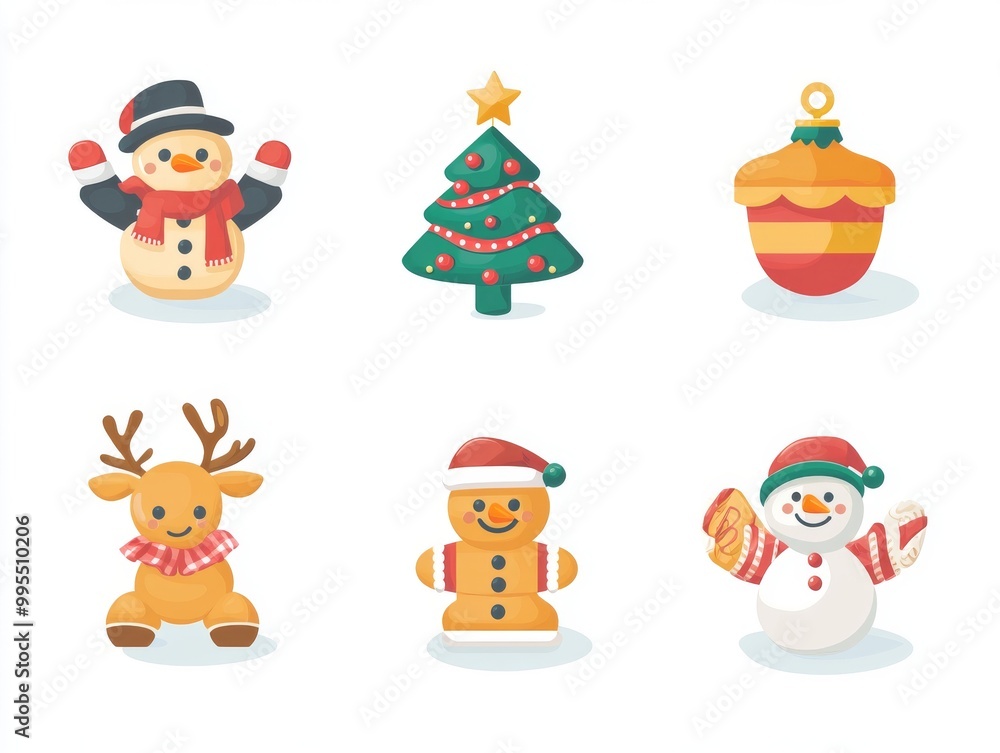 2408 33.A Christmas-themed vector icon set with various festive elements, including Santa Claus, a smiling reindeer, a snowman with a top hat, a golden bell, a shining snowflake, candy canes, 2408 33.A Christmas-themed vector icon set with various festive elements, including Santa Claus, a smiling reindeer, a snowman with a top hat, a golden bell, a shining snowflake, candy canes,