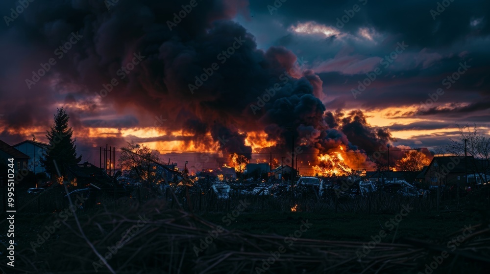 Dramatic sunset scene with dark smoke and bright flames rising in the background. Nature and destruction collide in vivid colors. Dramatic sunset scene with dark smoke and bright flames rising in the background. Nature and destruction collide in vivid colors.