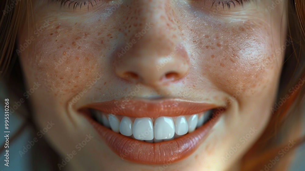 close-up of a smiling woman's face with freckles, showing vibrant red lips, smooth skin, and a cheerful, natural expression, radiating positivity and beauty close-up of a smiling woman's face with freckles, showing vibrant red lips, smooth skin, and a cheerful, natural expression, radiating positivity and beauty