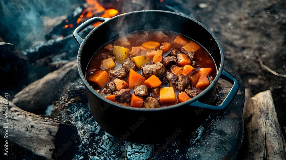 Detailed View of Hearty Campfire Stew Bubbling in a Cast Iron Dutch Oven with Visible Chunks of Tender Meat and Fresh Vegetables Cooking Over an Open Flame in the Wilderness Detailed View of Hearty Campfire Stew Bubbling in a Cast Iron Dutch Oven with Visible Chunks of Tender Meat and Fresh Vegetables Cooking Over an Open Flame in the Wilderness
