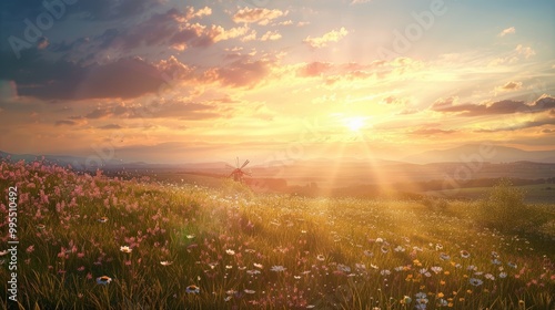 A picturesque sunset over a rolling meadow, with wildflowers and a lone windmill bathed in the golden light