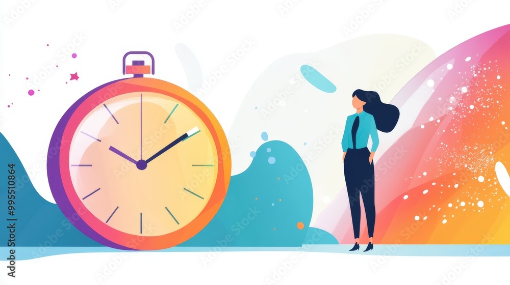 A colorful illustration of a businesswoman standing beside a large clock, emphasizing the importance of time management and deadlines. A colorful illustration of a businesswoman standing beside a large clock, emphasizing the importance of time management and deadlines.