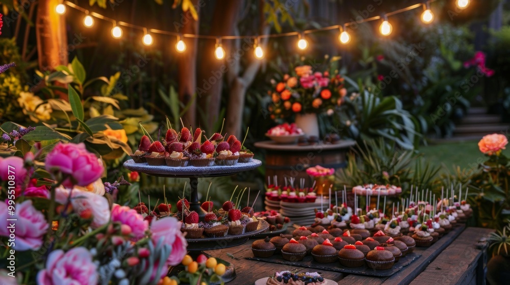 Delightful garden party with chocolate desserts and soft lighting. Sweet treats attract guests among vibrant flowers. Delightful garden party with chocolate desserts and soft lighting. Sweet treats attract guests among vibrant flowers.