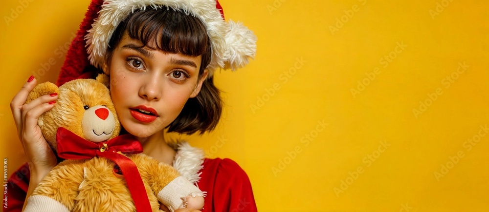 Cute girl in a Santa's red hat holding a teddy bear on yellow background. Merry Christmas and fashion concept. Studio portrait for poster, banner, greeting card with copy space Cute girl in a Santa's red hat holding a teddy bear on yellow background. Merry Christmas and fashion concept. Studio portrait for poster, banner, greeting card with copy space