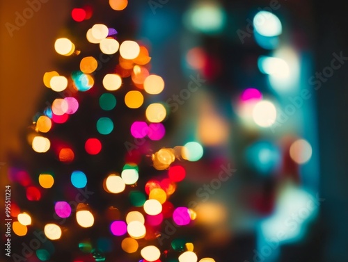 2408 43.A blurred Christmas tree glowing with colorful lights, creating a soft and warm defocused effect. The twinkling lights are scattered across the tree, evoking a cozy and festive mood, perfect