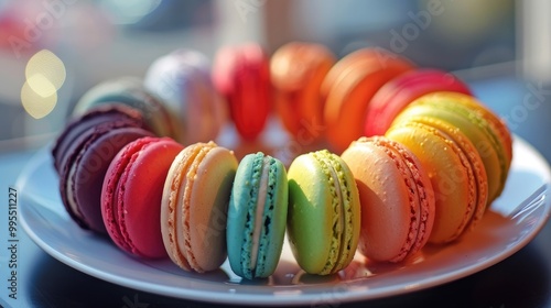 A plate of colorful macarons arranged in a circle.