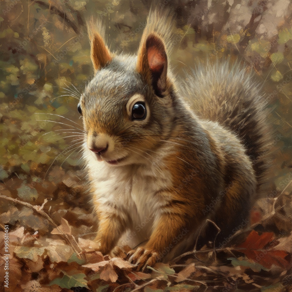 A detailed illustration of a squirrel among autumn leaves. A detailed illustration of a squirrel among autumn leaves.