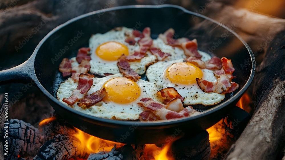 Mouthwatering Close up Shot of Sizzling Bacon and Eggs Cooking in a Rustic Cast Iron Skillet over an Open Flame for a Delicious Homemade Breakfast or Brunch Mouthwatering Close up Shot of Sizzling Bacon and Eggs Cooking in a Rustic Cast Iron Skillet over an Open Flame for a Delicious Homemade Breakfast or Brunch