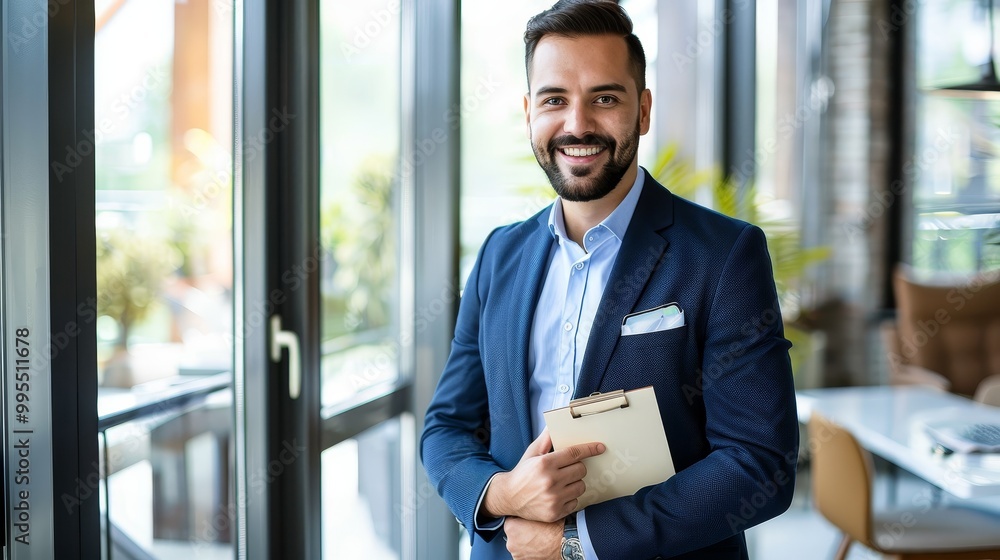 Fototapeta premium Confident businessman in modern office holding notepad with financial tips, exuding success and prosperity in professional environment.