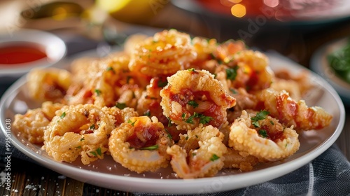 A plate of crispy calamari with marinara sauce.