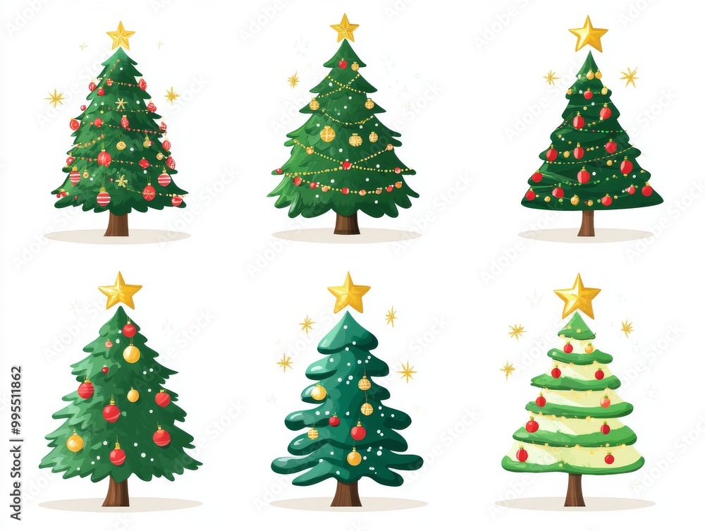 2408 49.A set of Christmas tree designs against a white background, featuring different styles from a fully decorated tree with lights and ornaments to a more modern, minimalist tree with just a star 2408 49.A set of Christmas tree designs against a white background, featuring different styles from a fully decorated tree with lights and ornaments to a more modern, minimalist tree with just a star