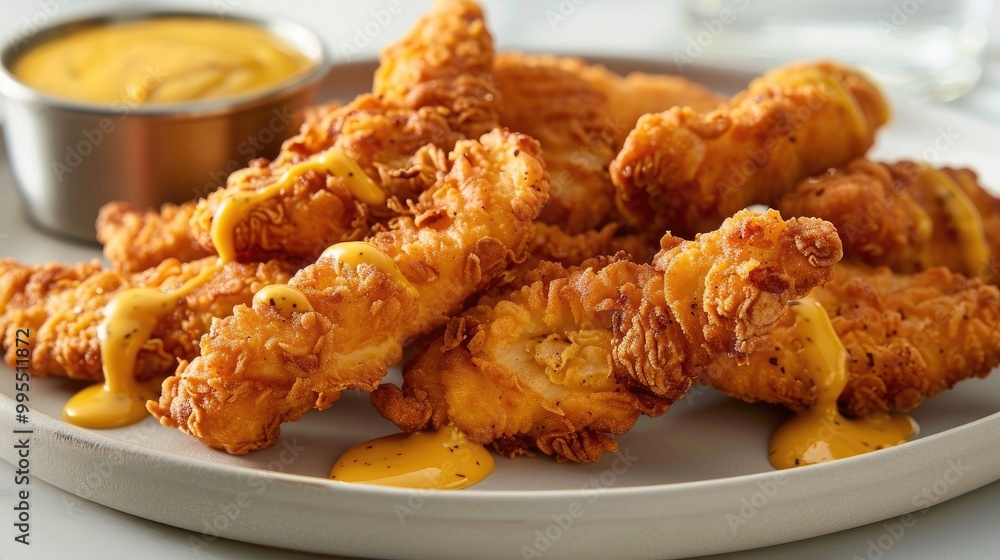 A plate of crispy chicken tenders with honey mustard dip. A plate of crispy chicken tenders with honey mustard dip.