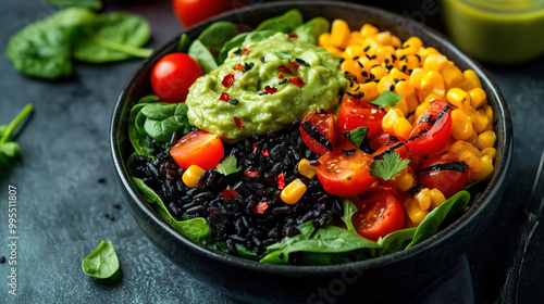 A vibrant and colorful plant-based bowl. World Vegetarian Day. Healthy eating. Fresh organic vegetables. Colorful assortment of vegetables. Vibrant salad bowl. Healthy vegan bowl. Vegan meal. Protein