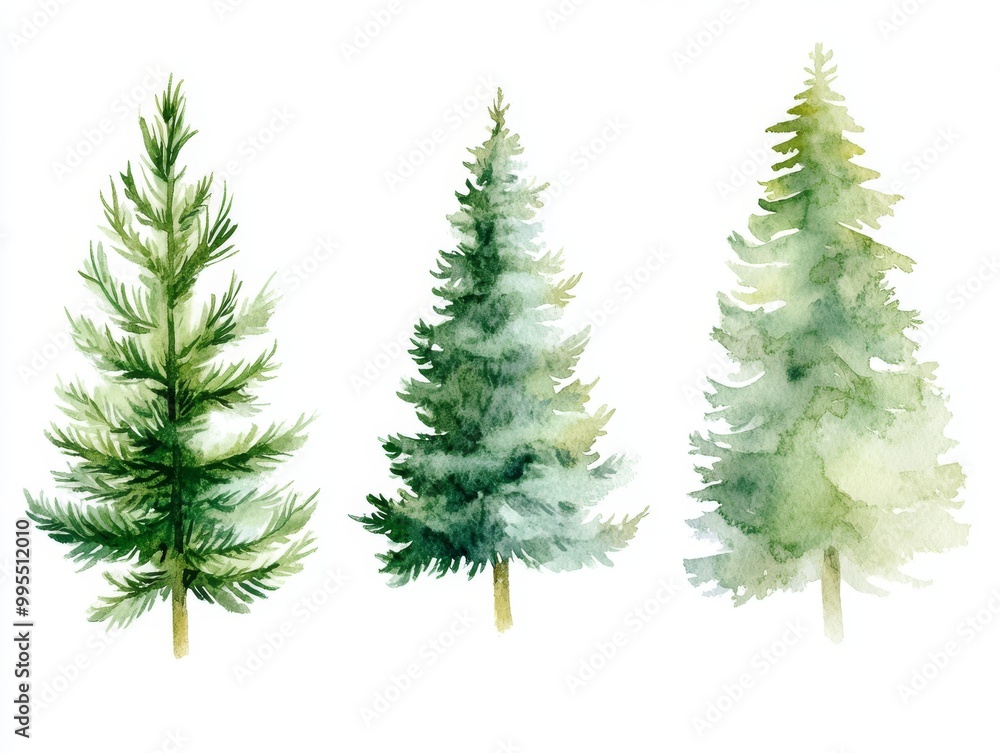 2408 51.A delicate set of watercolor Christmas pine trees, each painted in soft shades of green with subtle gradients. The trees are isolated on a white background, capturing the natural beauty and 2408 51.A delicate set of watercolor Christmas pine trees, each painted in soft shades of green with subtle gradients. The trees are isolated on a white background, capturing the natural beauty and