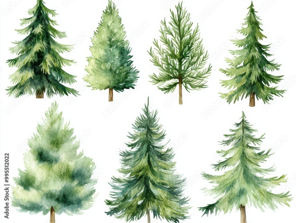 2408 52.A set of greenery Christmas pine trees in watercolor style, featuring different sizes and shapes. Each tree is beautifully rendered with varying shades of green, highlighting the natural 2408 52.A set of greenery Christmas pine trees in watercolor style, featuring different sizes and shapes. Each tree is beautifully rendered with varying shades of green, highlighting the natural
