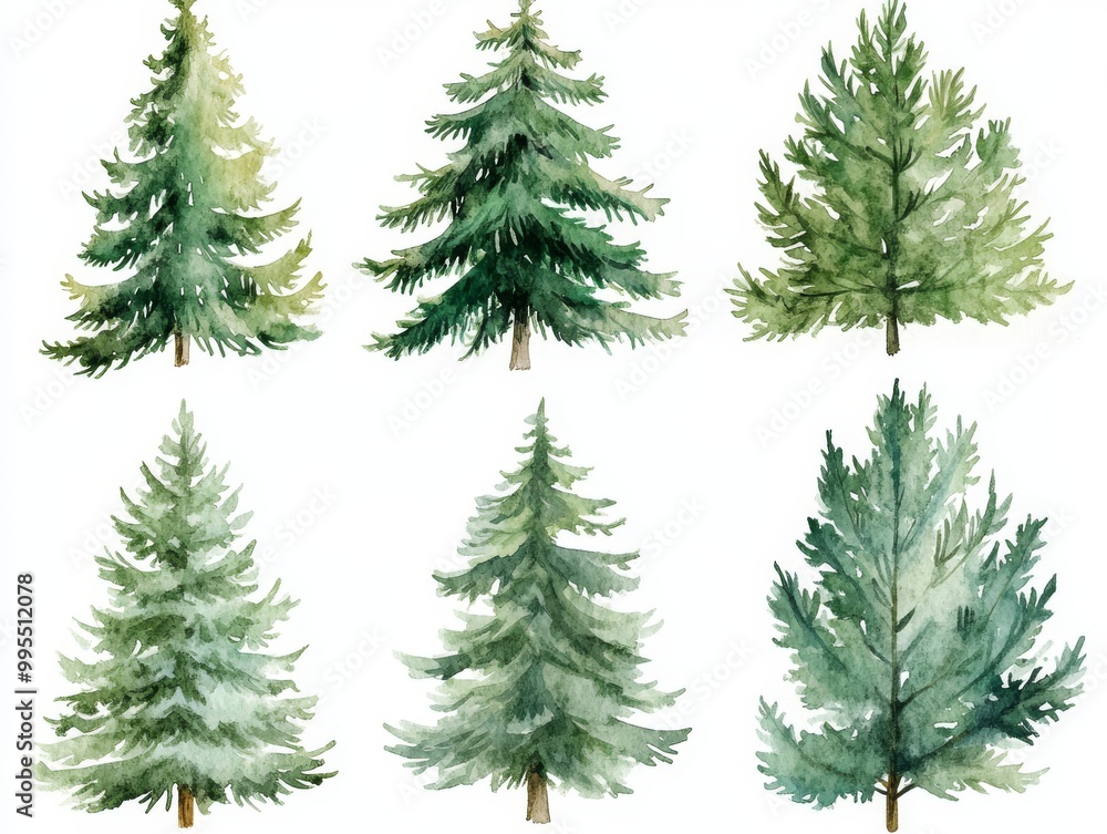 2408 52.A set of greenery Christmas pine trees in watercolor style, featuring different sizes and shapes. Each tree is beautifully rendered with varying shades of green, highlighting the natural 2408 52.A set of greenery Christmas pine trees in watercolor style, featuring different sizes and shapes. Each tree is beautifully rendered with varying shades of green, highlighting the natural