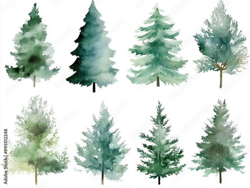 2408 54.A collection of watercolor Christmas trees in different styles, from tall and slender to short and full, all rendered in soft green tones. The trees are isolated on a white background, with 2408 54.A collection of watercolor Christmas trees in different styles, from tall and slender to short and full, all rendered in soft green tones. The trees are isolated on a white background, with