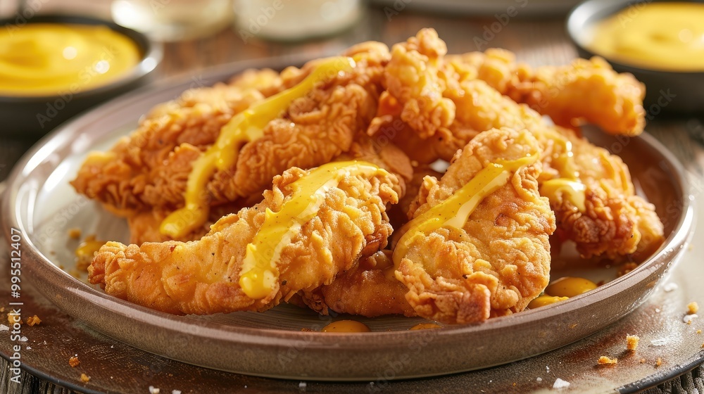 A plate of crispy chicken tenders with honey mustard dip. A plate of crispy chicken tenders with honey mustard dip.