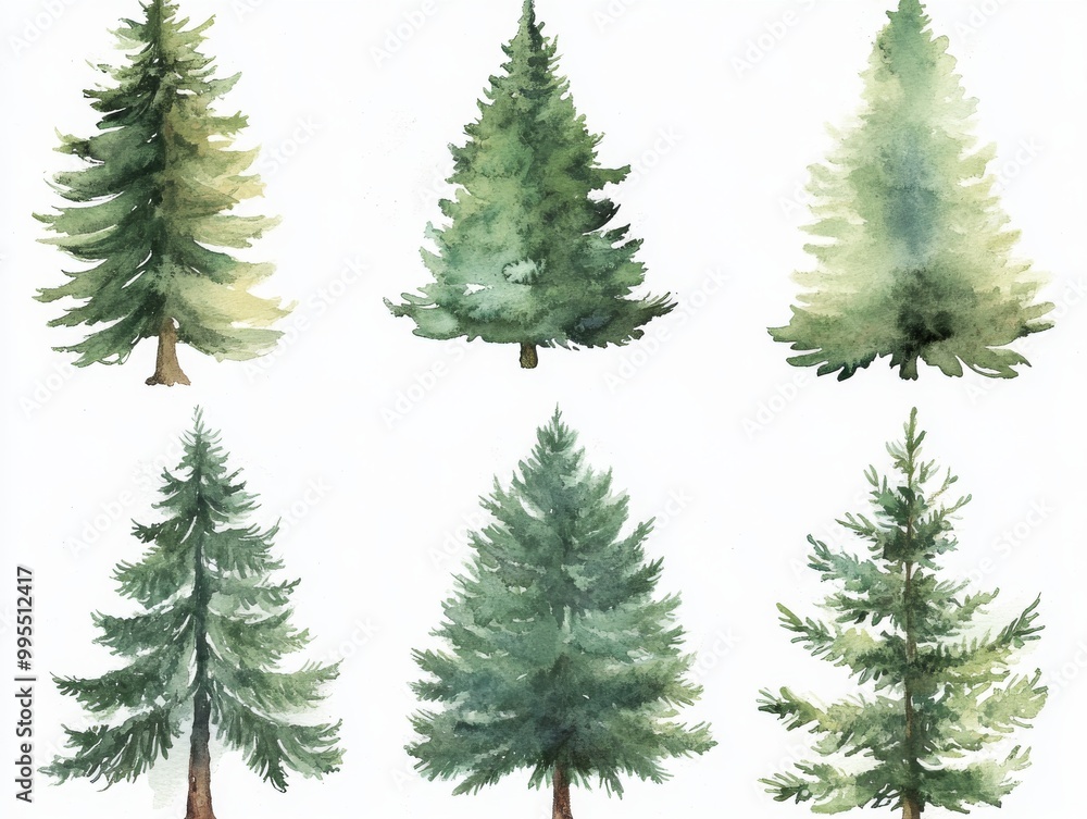 2408 55.A set of watercolor pine trees, each painted in soft shades of green and set against a clean white background. The trees vary in height and shape, with delicate brush strokes emphasizing 2408 55.A set of watercolor pine trees, each painted in soft shades of green and set against a clean white background. The trees vary in height and shape, with delicate brush strokes emphasizing