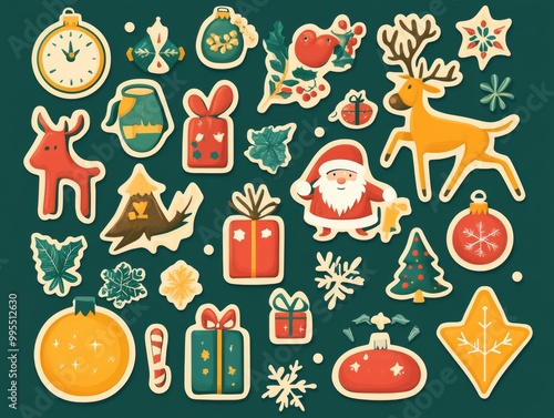 2408 60.A playful collection of Christmas stickers in cartoon style, featuring classic holiday icons like Santa, reindeer, Christmas gifts, and cozy winter elements. The retro groovy design uses bold