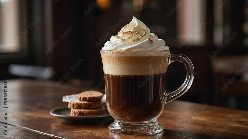 Close-up of a clear glass mug filled with Irish coffee topped with whipped cream and cookies Close-up of a clear glass mug filled with Irish coffee topped with whipped cream and cookies