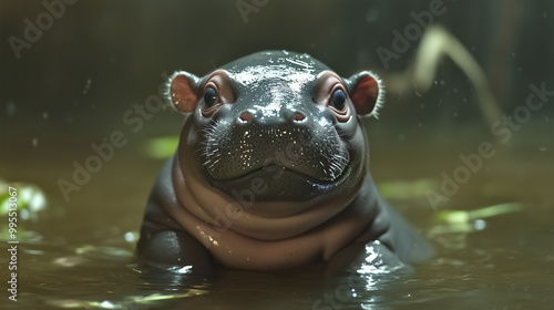 Cute pygmy hippo playing in the water