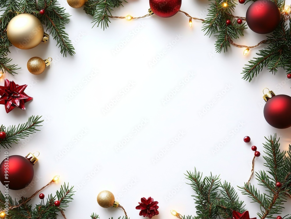 2408 68.A beautiful Christmas frame design featuring fresh green spruce branches, red and gold ornaments, and subtle New Year lights on a white background. The flat lay composition creates a festive 2408 68.A beautiful Christmas frame design featuring fresh green spruce branches, red and gold ornaments, and subtle New Year lights on a white background. The flat lay composition creates a festive