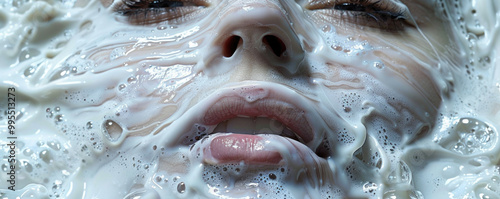 close up of womans face partially submerged in creamy liquid, creating surreal and artistic effect. texture and bubbles evoke sense of fluidity and softness