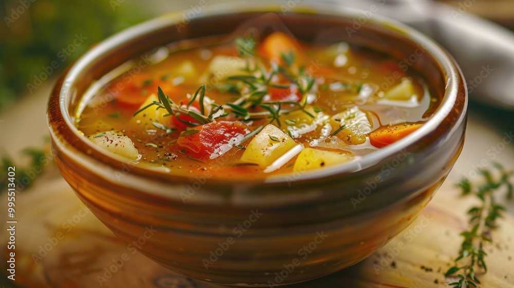 A bowl of vibrant vegetable soup with herbs. A bowl of vibrant vegetable soup with herbs.
