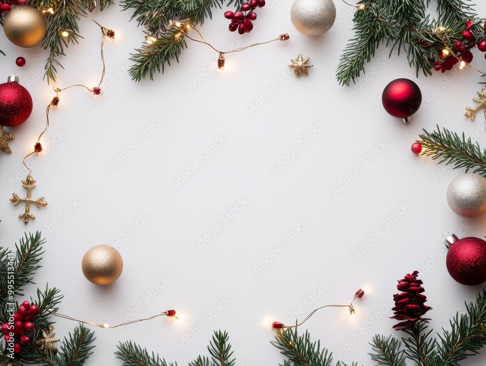 2408 69.A Christmas-themed flat lay with spruce branches, red and gold baubles, and delicate decorations arranged in a festive frame on a white background. The lights twinkle softly, creating a cozy 2408 69.A Christmas-themed flat lay with spruce branches, red and gold baubles, and delicate decorations arranged in a festive frame on a white background. The lights twinkle softly, creating a cozy
