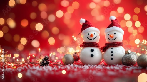 Charming snowmen and festive decorations stand out against a bright red background, with twinkling lights creating a warm and fuzzy glow.