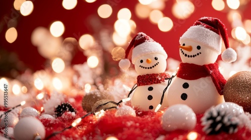 Wallpaper Mural Charming snowmen and festive decorations stand out against a bright red background, with twinkling lights creating a warm and fuzzy glow. Torontodigital.ca
