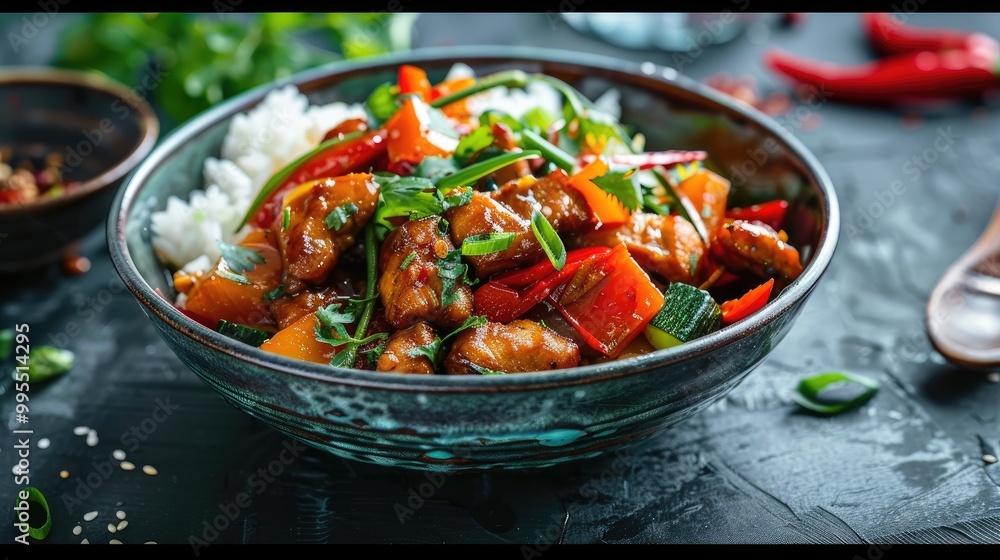 A bowl of vibrant vegetable stir-fry with a side of rice. A bowl of vibrant vegetable stir-fry with a side of rice.