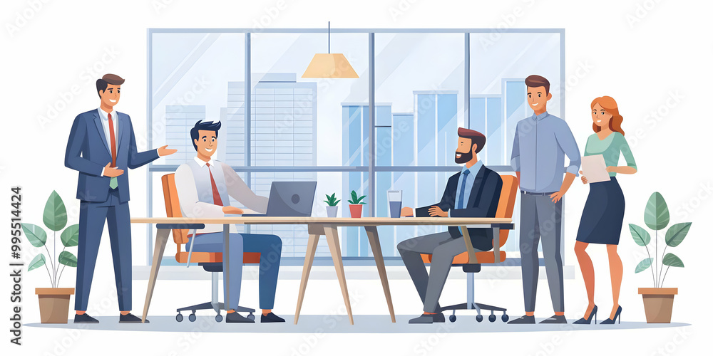 Flat Candid Business Meeting Illustration: A Team Discussing Cash Flow Strategies in a Modern Office for Corporate Branding Flat Candid Business Meeting Illustration: A Team Discussing Cash Flow Strategies in a Modern Office for Corporate Branding