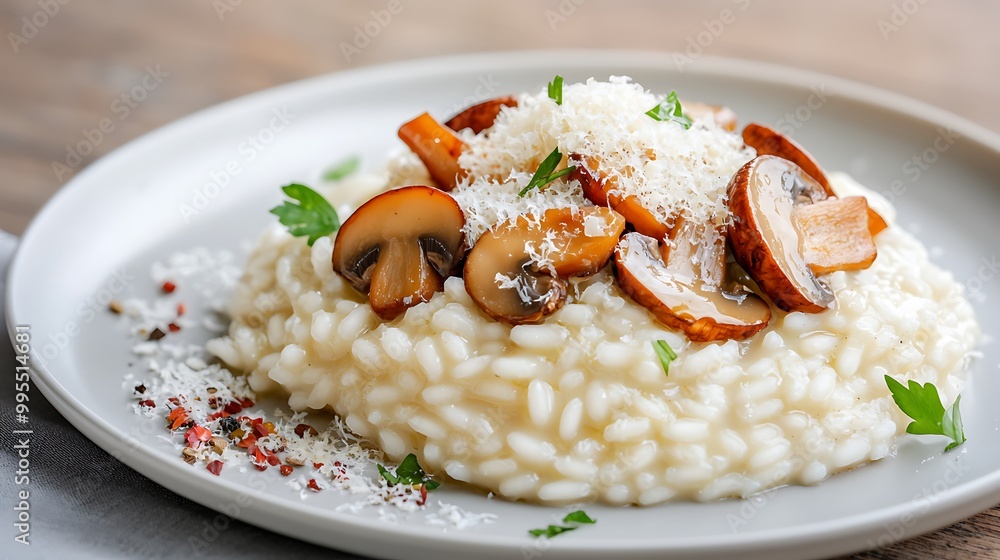 A beautifully plated dish of risotto, topped with sauteed mushrooms and a sprinkling of parmesan cheese. The creamy, decadent texture of the risotto is showcased with impeccable clarity, and the dish A beautifully plated dish of risotto, topped with sauteed mushrooms and a sprinkling of parmesan cheese. The creamy, decadent texture of the risotto is showcased with impeccable clarity, and the dish