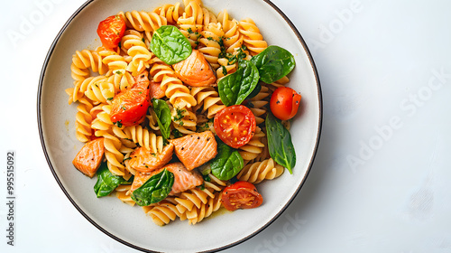 Delectable Symphony of Flavors: Pasta, Trout, and Spinach on a Pristine Canvas