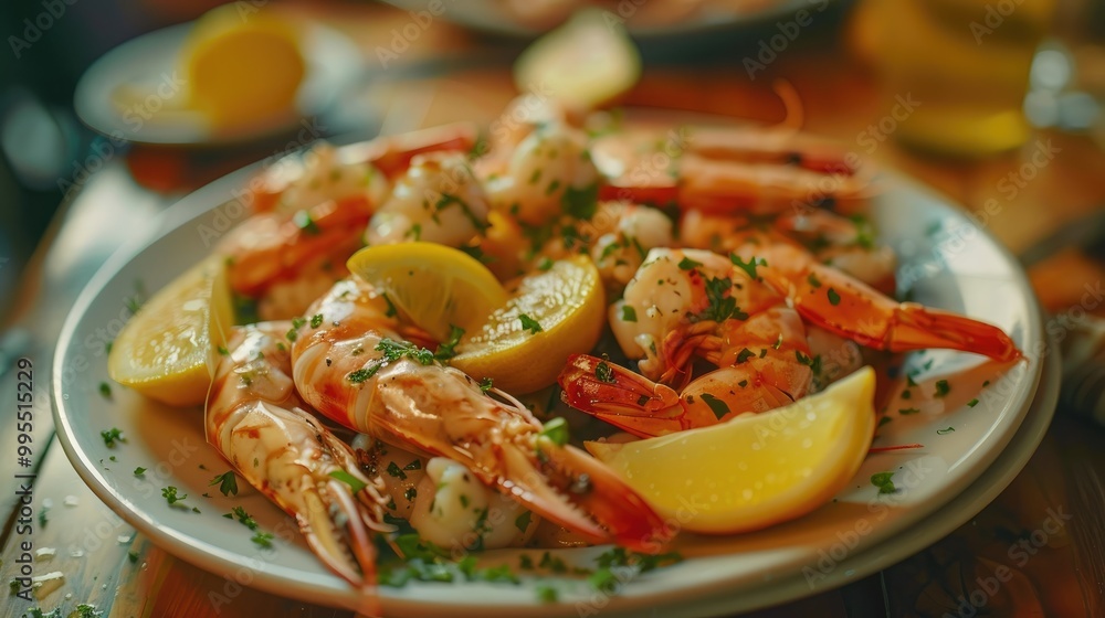 A plate of fresh seafood with lemon wedges and herbs. A plate of fresh seafood with lemon wedges and herbs.