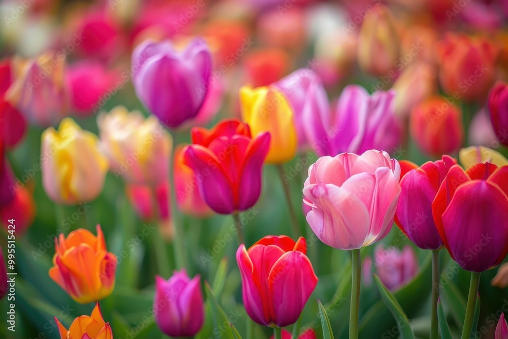 Fototapeta premium A vibrant display of colorful tulips blooming in a lush garden during springtime showcasing a beautiful variety of hues and shapes