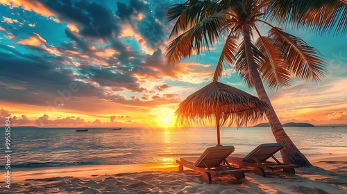 Beach chairs and umbrella on beautiful tropcal beach at sunset time photo