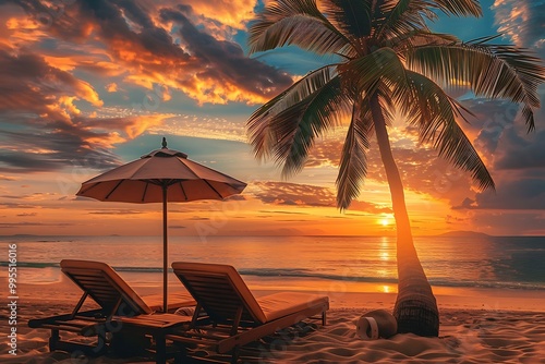 Beach chairs and umbrella on beautiful tropcal beach at sunset time photo