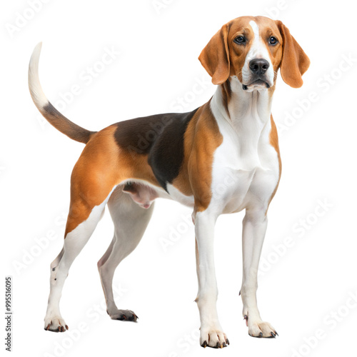 A confident English foxhound dog standing upright against a transparent or white isolated background.