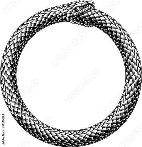 An ouroboros or uroboros serpent snake consuming its own tail circle in a vintage woodcut style