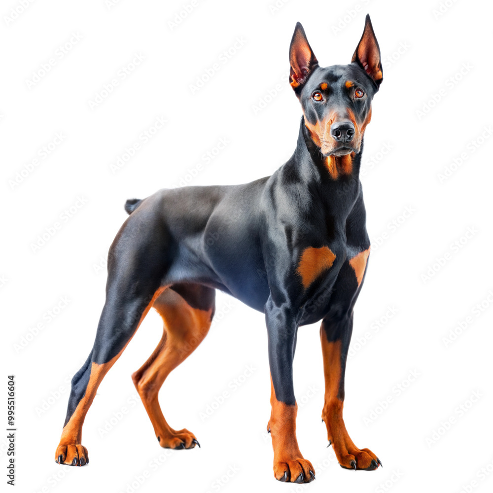Doberman pinscher standing confidently against a transparent or white isolated background. Doberman pinscher standing confidently against a transparent or white isolated background.