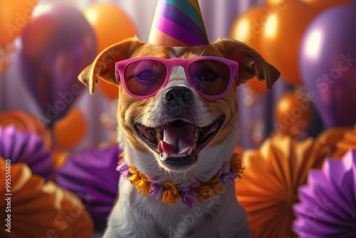Happy Dog Wearing Pink Sunglasses