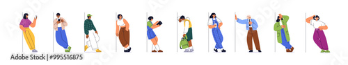Men and women leaning against wall, set. Characters standing in different postures outdoor. Happy, upset people with phone, waiting, relaxing. Flat vector illustration isolated on white background